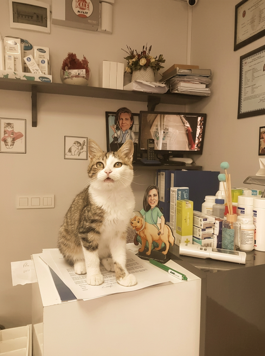 Sarıca Veteriner Kliniği Ümraniye — muayene masasında oturan, miyavlayan tekir yavru kedi