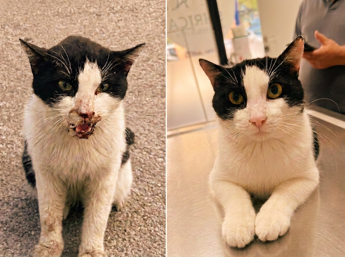 Sarıca Veteriner Kliniği Ümraniye — siyah beyaz kedinin öncesi ve sonrası fotoğrafları