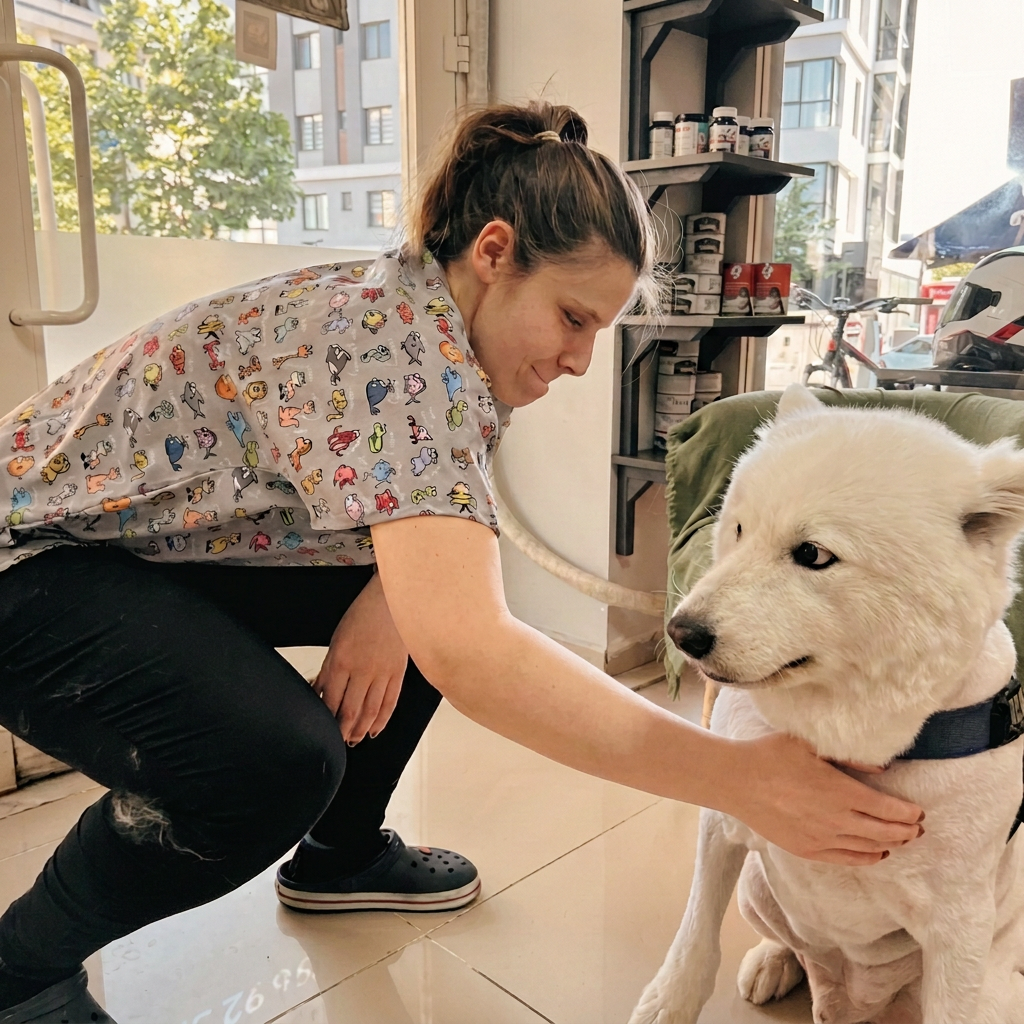 Sarıca Veteriner Kliniği Ümraniye — klinik sahibi beyaz bir köpekle ilgilenirken