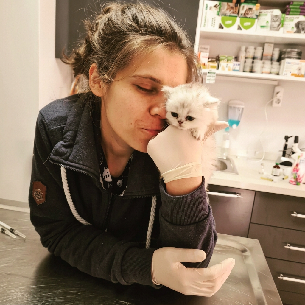 Klinik sahibi avucundaki beyaz yavru kediyle