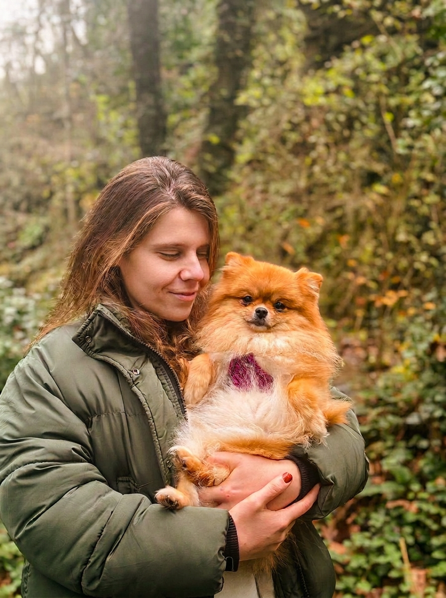 Klinik sahibinin kızı Sıdıka Su, yeşil montuyla köpeğini kucağında tutarken